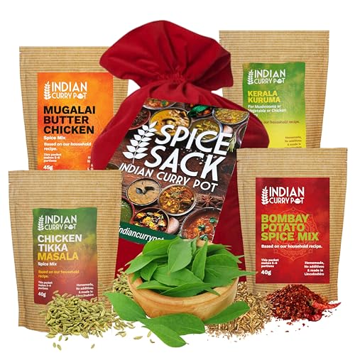 Indian Curry Pot Indian Spices for Cooking Christmas Spice Sack - Mugalai Butter Chicken, Chicken Tikka Masala, Kerala Kuruma and Bombay Potato Mix | Spice Gift Set Curry Kit