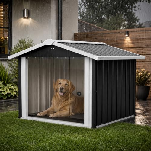 Outdoor Hundehütte wetterfest Metall Hundehaus für Garten & Terrasse wasserdichtes Hundehaus mit stabilem Boden Belüftung & Schrägdach Haustierhaus für kleine bis mittelgroße Hunde