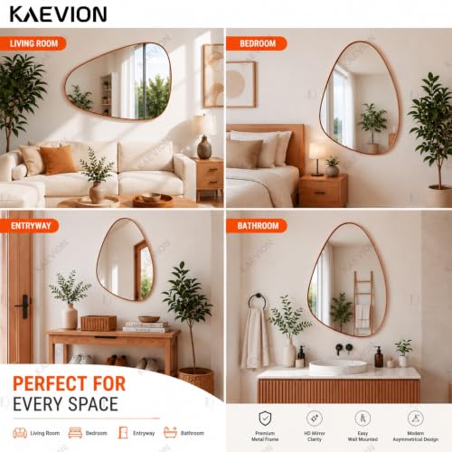Image of 5mm Thick Irregular Wall Hanging Mirror - Asymmetric Teardrop Shaped Decorative Mirror with Sleek Rose Gold Bidding for Bedroom, Living Room, Vanity & Entryway