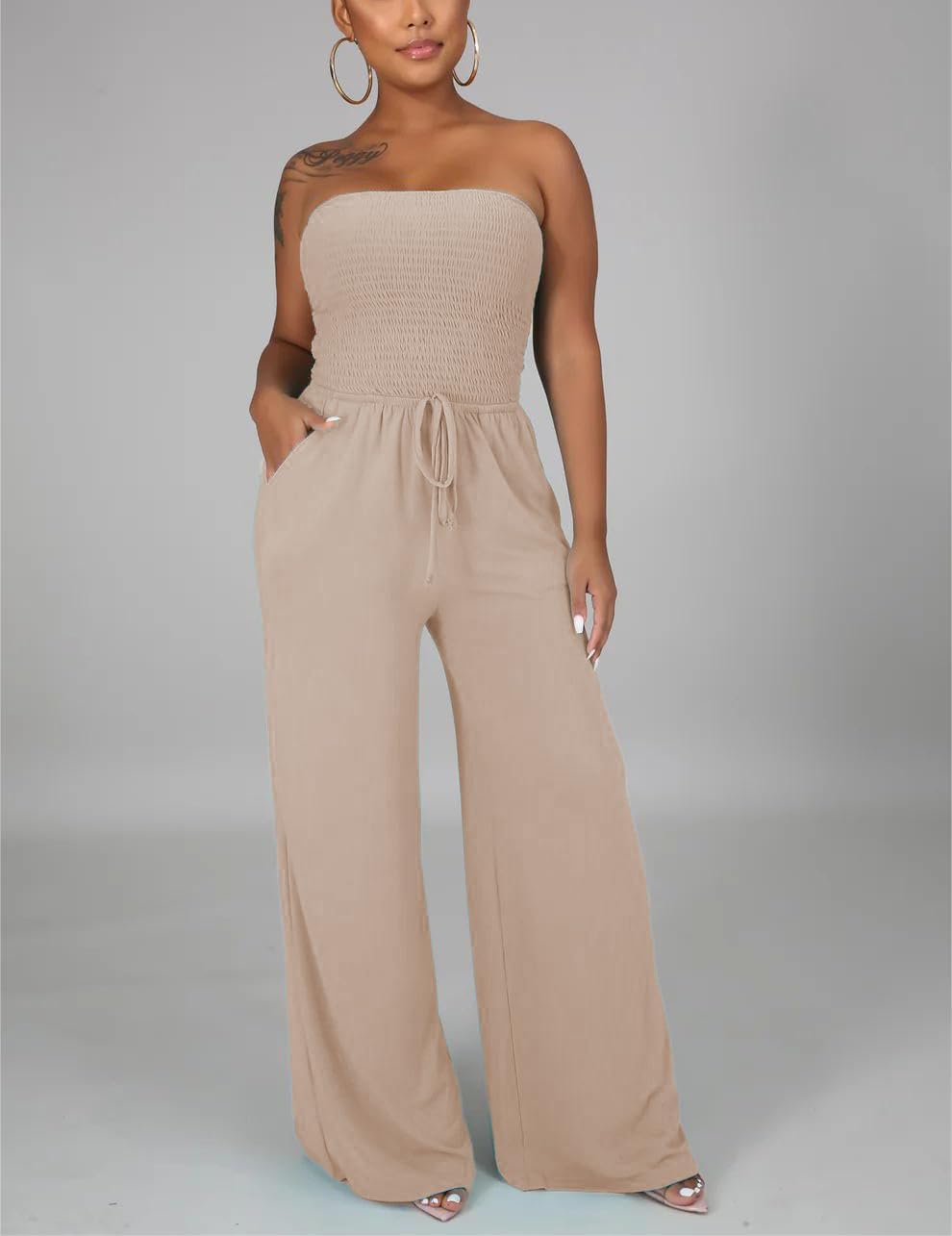Sexy Jumpsuits for Women Wide Leg Vacation Outfits with Pockets Off Shoulder Casual Rompers Sleeveless Backless - Image 2