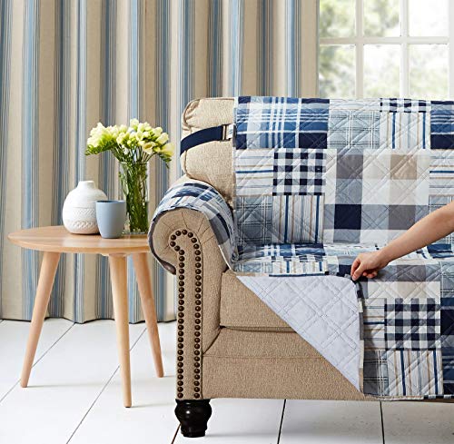 Brilliant Sunshine Blue Plaids And Stripes Patchwork Quilted Recliner Slipcover, 26" Seat Width, Slip Resistant Furniture Protector, 2" Strap, Washable Reclining Chair Cover For Kids, Dogs, Cats, Blue #TOP1