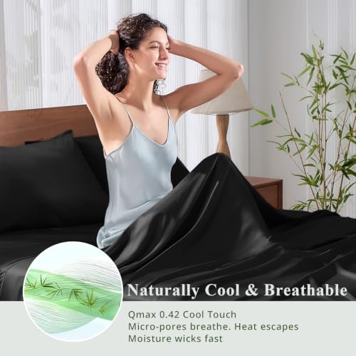 Image of Queen Size Sheet Set, Viscose Bamboo Sheets for Bed Set 4pcs, 100% Viscose Derived from Bamboo, Hotel Luxury Silky & Cooling for Hot Sleepers, Deep Pocket Up to 17 inch, Black