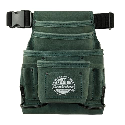 Graintex 10 Pocket Nail & Tool Pouch W/Belt PVC Buckle, Suede Leather Tool Bag, Tool Belt for Constructors, Electricians, Handymen, HVAC Tools, Professional Organizer (Hunter Green)