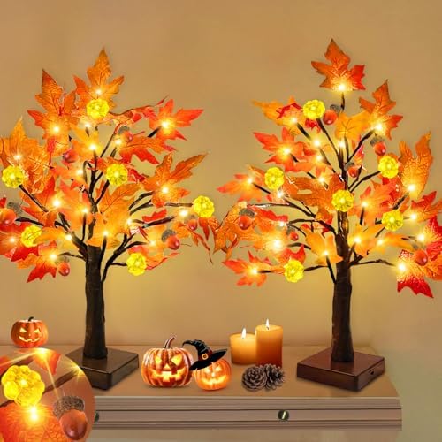 TURNMEON Fall Decor 2 Pack 18 Inch Prelit Fall Maple Tree Fall De...