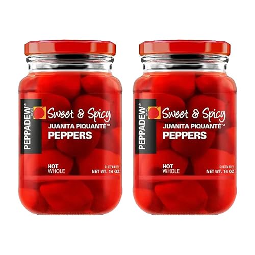 Peppadew Pimientos piquantes dulces enteros calientes, tarro de 14 onzas (paquete de 2, total de 28 onzas)