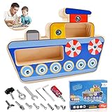 【Montessoris Holz Schraubbret】Dieses Holzspielzeug Set enthält ein Schiff Themed Busy Board, 4 x Werkzeuge zum Schrauben und 10 Arten von Schrauben.