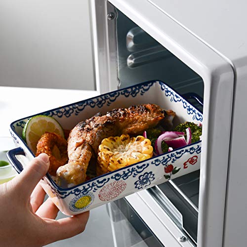 Bfu Ceramic Baking Dish Rectangular Bakeware Set Baking Pan, 2-Piece Stoneware Hand-Painted Lasagna Pan For Cooking, Cake Dinner (Blue, 10.63"L X 7.48"W X 2.28"H) #TOP4