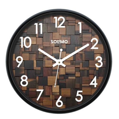 Amazon Brand - Solimo 12-inch Plastic & Glass Wall Clock - Wood Craft (Silent Movement), Black