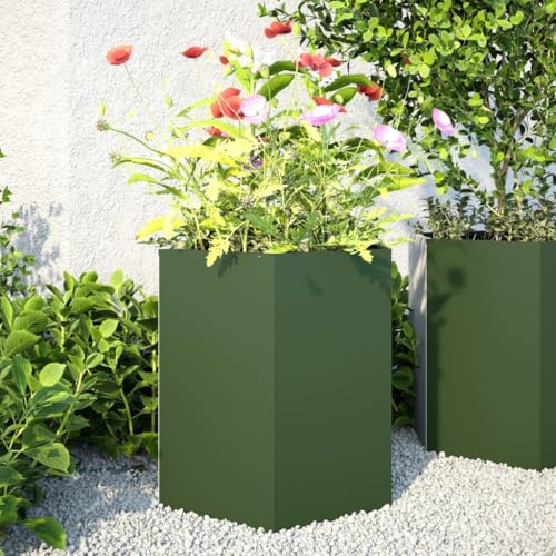 Gecheer Jardineras hexagonales 2 uds Acero Verde Oliva 46x40x45 cm,Jardinera Exterior para Jardín Balcón o Patio