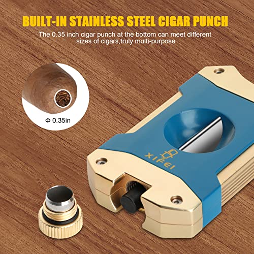 XIFEI Cigar Cutter V-Cut,3 in 1 V Cutter with Cigar Punch Cigar Stand Sharpest 440 Stainless Steel Cut Blade Ergonomic Design Secure-Lock 55 Ring Gauge Portable Cigar Clipper with Gift Box (Blue Gold)