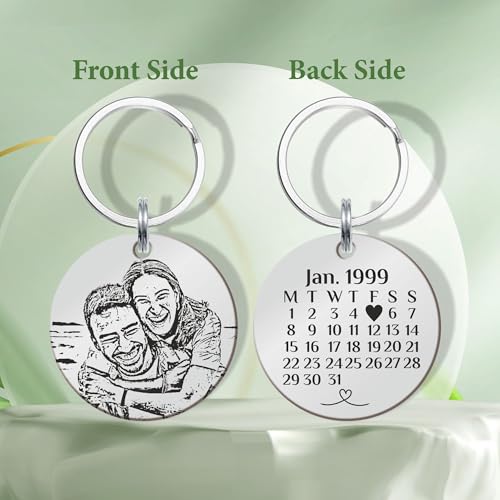 Image of Customized Photo Keychain & Date Engraved Calendar Keychain on Stainless Steel Best Gift For Couple, Bridesmaid, Women, Men And All To Your Loved Ones