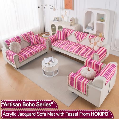 Image of HOKIPO 'Artisan Boho Series' Sofa Cover Mat with Tassel | 450 GSM Cotton Acrylic Jacquard for 1 Seater Sofa, Fuchsia Pink (IN-901-A5*S)