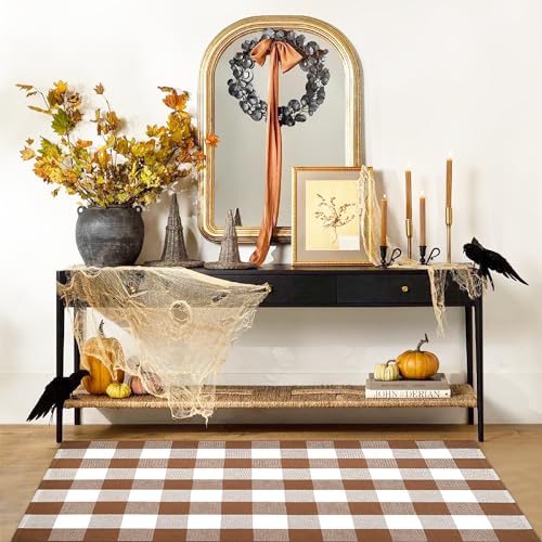 Ckorzen Coffee and White Plaid Rug, 3' x 5' Outdoor Front Porch Door Decor Mat, Washable Cotton Woven Farmhouse Area Rug for Layered Door Mats Carpet, Entryway, Easter Décor