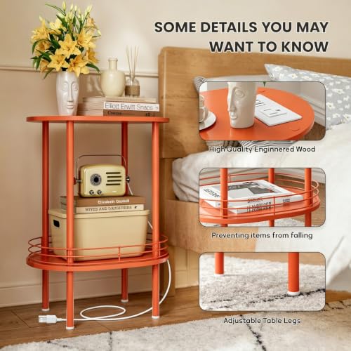 Image of Small Oval Side Table with Charging Station, 2-Tier Orange Round End Table | Narrow Nightstand with USB Ports and Outlets, Bedside Table for Small Space - Living Room, Bedroom, Nursery,(1PC,Orange)