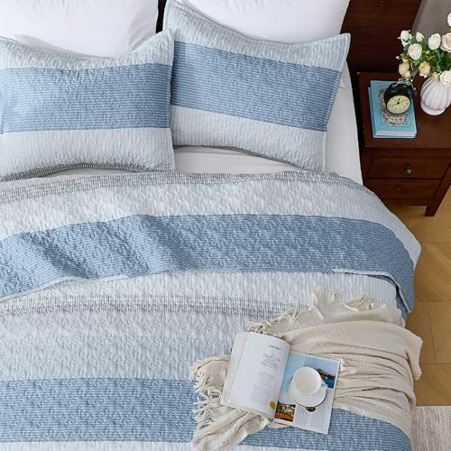 Image of Andency King Size Quilt Set Misty Blue, 3 Pieces Summer Ultra Soft Lightweight Bedspreads & Coverlets Set, Patchwork Striped Quilted Bedding Sets for All Seasons (1 Quilt, 2 Pillow Shams)