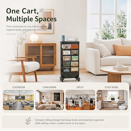 Image of BYFU 6-Tier Rolling Bookshelf, Multi-Functional Storage Rolling File Cart with Lockable Casters for Office Kitchen Classroom Organization and Storage, Black