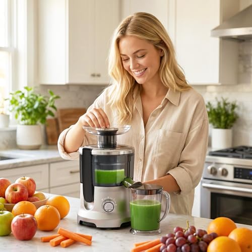 Image of OLIXIS Centrifugal Juicer Machines, 500W Juice Extractor with 2 inch Feed Chute and Pallet for Vegetable and Fruit, Electric Juicer with 3 Speed Quick Juicing, Easy to Clean, BPA-Free, Silver