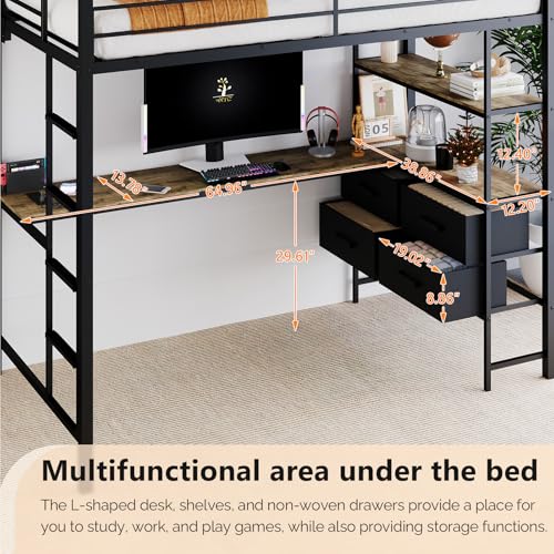 Image of VINGLI Twin Metal Loft Bed Frame with 15 Inches Safety Guardrail, Non-Slip Ladder, 2 Charging Stations, L-Shaped Desk, Storage Shelve, 4 Drawers, LED Lights, for Kids, No Box Spring Needed, Black