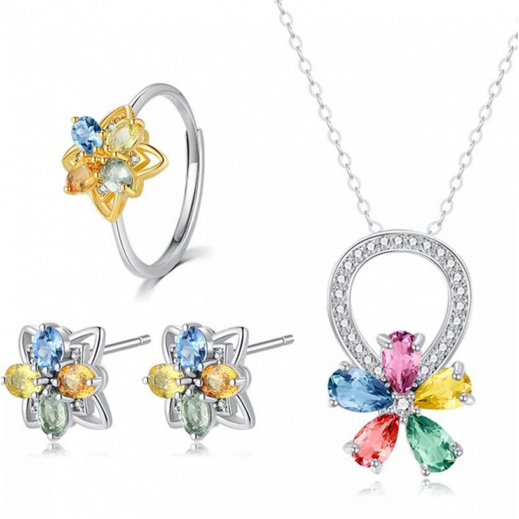 ZHUDJ Zafiro 925 Collar de Plata esterlina Anillos Pendientes Mujeres Piedra de Cristal Piedras Preciosas S925 Conjunto de joyería Fina