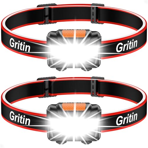 Gritin LED Head Torch, [2 Pack] COB Headlamp Super Bright Headlight, Adjustable with 3 Modes, Lightweight for Running, Camping, Fishing