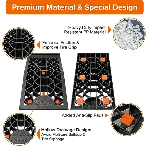Image of Car Ramps for Easy Vehicle Maintenance and Safe Lifting, Sturdy, Lightweight, Low Profile, Heavy Duty Tire Ramps for Low Chassis Cars, 2 PCS