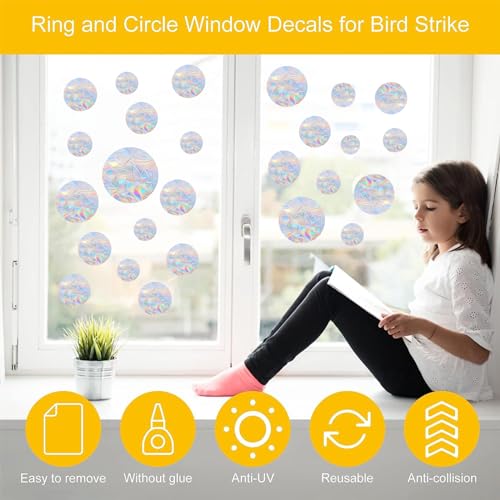 Image of 36PCS Circle Window Clings - Anti-Collision Window Decals to Save Birds from Window Collisions,Non Adhesive Prismatic Vinyl Window Clings, Rainbow Stickers