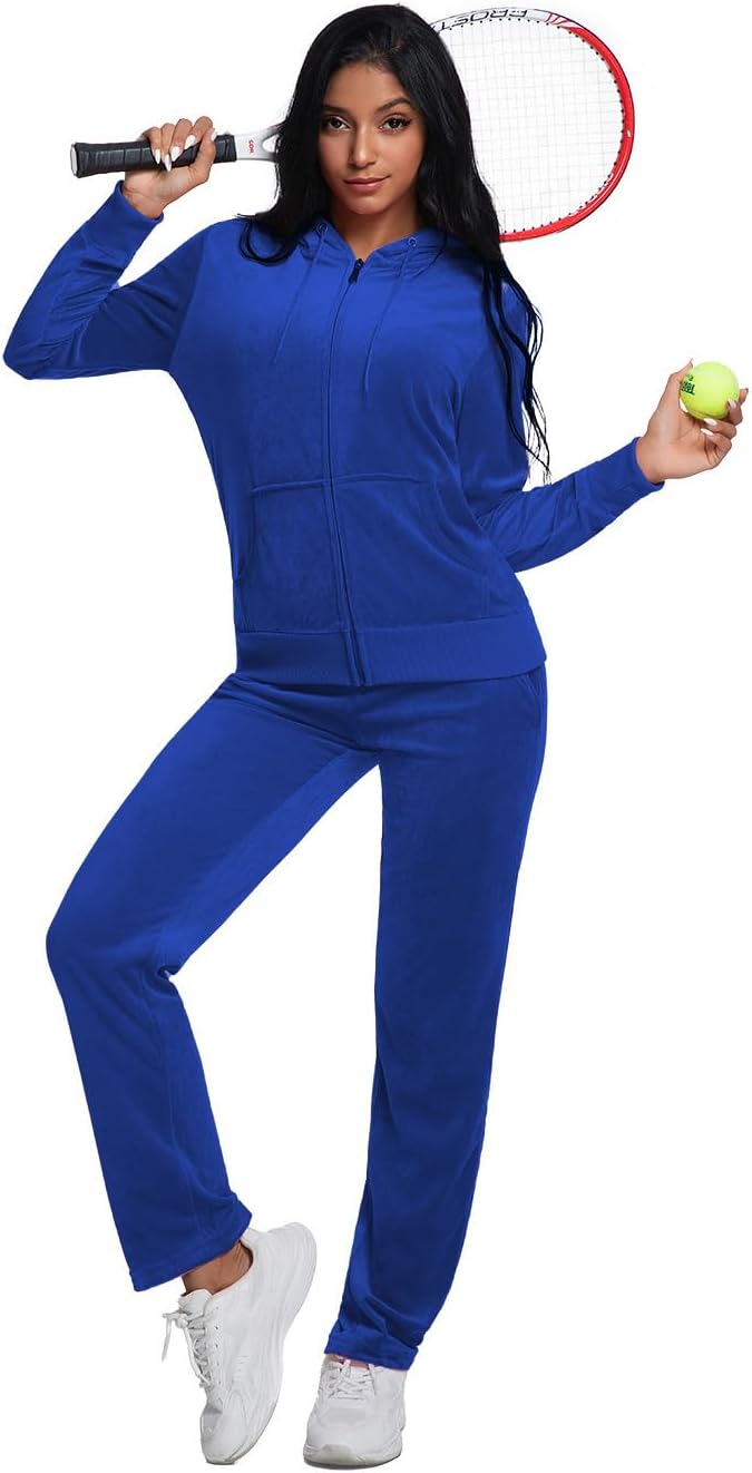 Womens Sweatsuits Set 2 Piece Velour Jogging Sweat Outfits Full Zip-up Hooded Sweatshirts Pants Set - Image 2