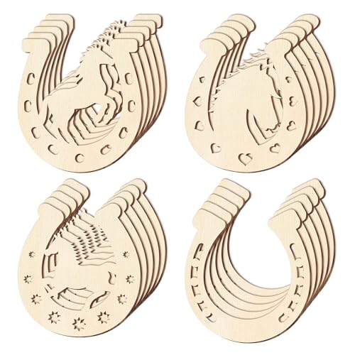 Lesnala 48 Pcs Unfinished Wood Horseshoe Cutouts Crafts for DIY 4 Styles