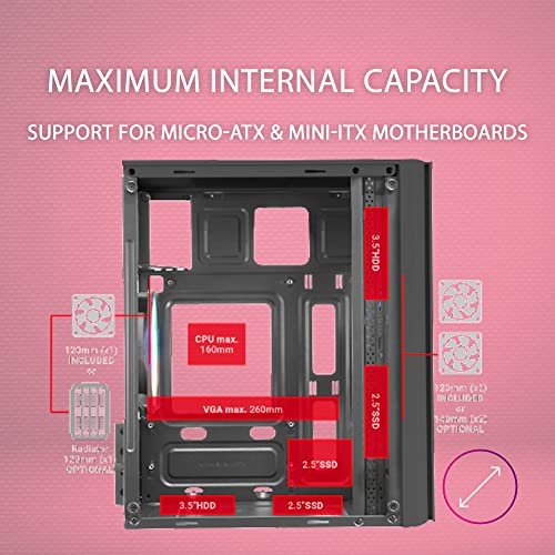 Chasis PC Mars Gaming MC300 rosa MicroATX con frontal de malla total 6