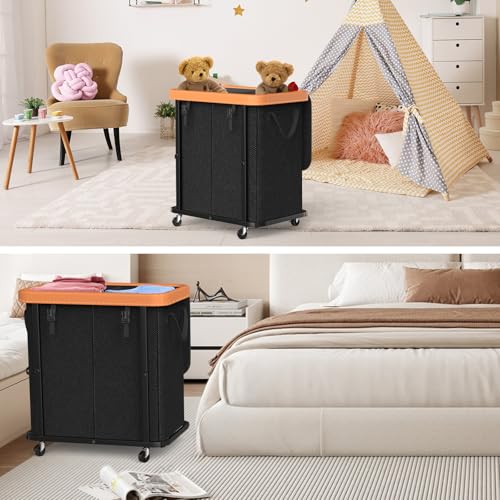 Image of 190L (50 Gal) Large Fashion Laundry Basket with Wheels, Leather Patchwork Rolling Hamper Carts, Sturdy Metal Frame, Removable Washable Bag, Tall Clothes Sorter for Bedroom - Black