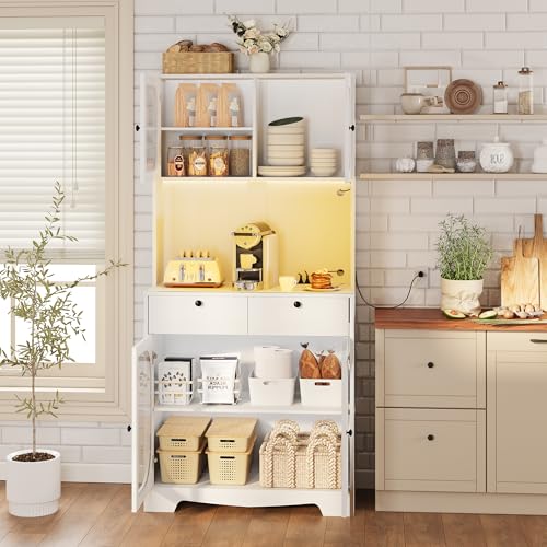 Image of 72 inch Black Kitchen Pantry Cabinet with Lights and Charging Station, Tall Hutch Storage Cabinet Coffee Bar Cabinet with Microwave Shelf for Dining Room