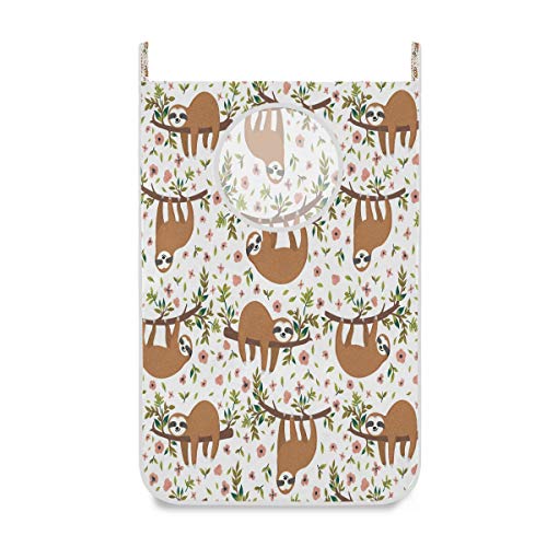 Kcldeci Cute Sloth On Tree Hanging Laundry Hamper Bag 1 PCS Pink Rose Flowers Animal Dirty Clothes Bag Laundry Basket Dry Bag Bathroom Storage Bags Closet Organizer for Bedroom Dormitory