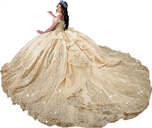 Zhangyo Puffy Lace Champagne Quinceanera Dresses Applique Prom Dresses Long Ball Gowns Off Shoulder Pageant Quince Dress Size 0