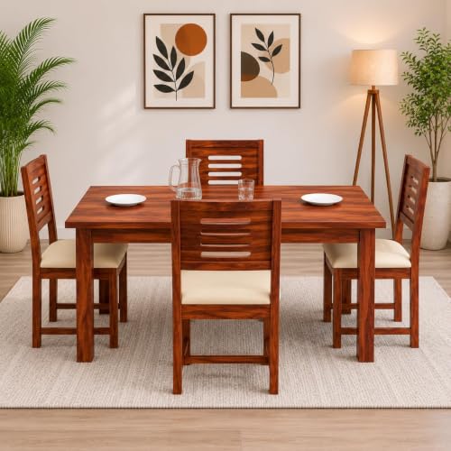Image of AADITYA WOODS Solid Sheesham Wood 4 Seater Dining Table with Chair Set for Living Room | Wooden Dining Room Set (This is Right Size for Table- 114x76x76 cm) - Honey & Cream