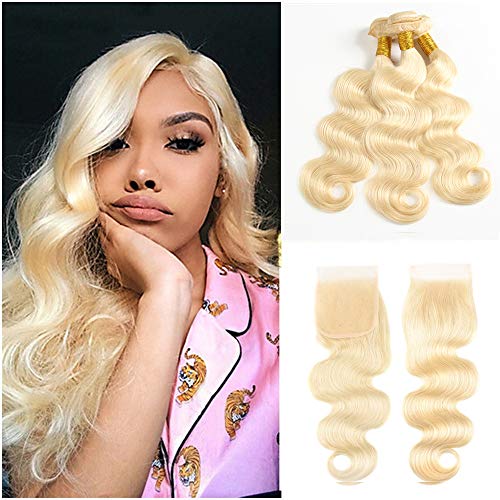Fabeauty 613 Bundles With Closure Brazilian Body Wave Human Hair Bundles With Closure 4x4 Inch With Baby Hair 100% Human Hair Weave With Lace Closure (26 28 28+20)