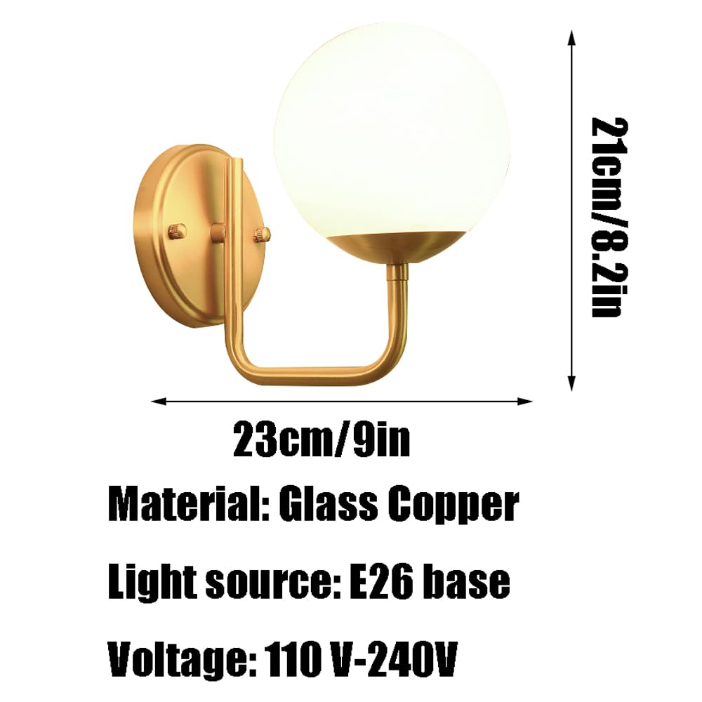 French Minimalist Style Copper Wall Light, E26 Base Flush Mount Lamp, Single Head Glass Lampshade, Bedside, Living Room Hallway Mounted Fixtures