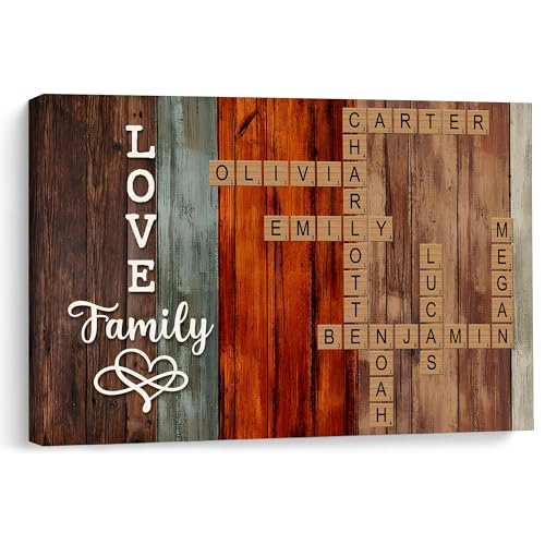 Personalized Family Name Canvas Wall Art LOVE FAMILY Sign with Infinity Heart Symbol Custom Scrabble Tile Crossword Names Decor for Large Families Multi-Color Rustic Wood-Look Framed Canvas Gift for Parents Grandparents Christmas Housewarming