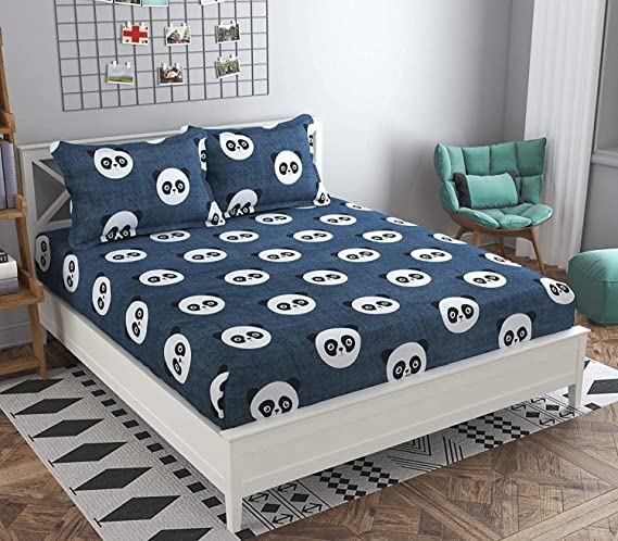 Image of Elastic Fitted Glace Cotton Queen Size (78x72x Upto 6 Inches) Bedsheet for Kids with 2 Pillow Covers-200TC (Panda), Animal, Panda, multicolor