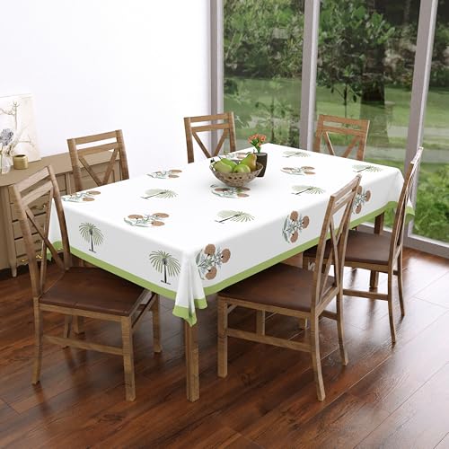 Image of BLOCKS OF INDIA Hand Block /Batik Print Rectangular Table Cloth for 6 Seater Dining Table (60 Inch X 90 Inch)(Open Green Motifs)