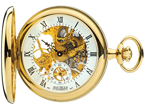 I LUV LTD Half Hunter Skeleton Pocket Watch 17 Jewelled Mechanical Gold Plated Case
