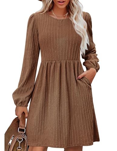 Zeagoo Damen Strickkleid Langarm Elegant Herbst Kleider Rundhals A-Linie Pulloverkleid Tunika Kleid mit Taschen Braun S