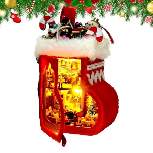 Kit de casa en miniatura navideña de madera con luces para estantería y mesa