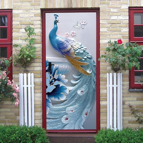 Vinilo Decorativo 3D Relieve de Pavo Real Papel Pintado Mural Autoadhesivo Impermeable Azul de Lujo Puerta Pegatina para Baño, Cocina, Sala y Dormitorio Pegatina de Puerta 86x200 cm