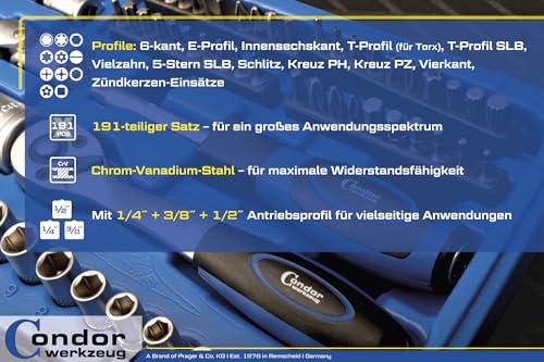 Coffret de clés à douilles 191 pièces Condor Outils 1171 en acier robuste de 4 à 32 mm