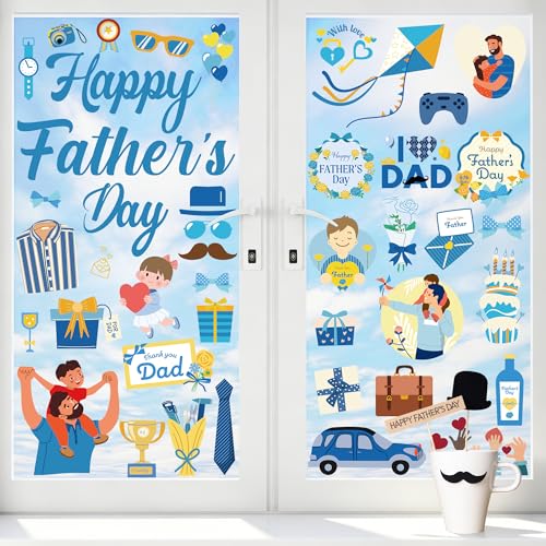 Image of 77 PCS Fathers Day Window Clings, 9 Sheets Blue Fathers Day Decorations, Double-Sided Dad Stickers for Glass Windows with Hearts Roses Patterns, Dad Decorations for Home Store Birthday Party