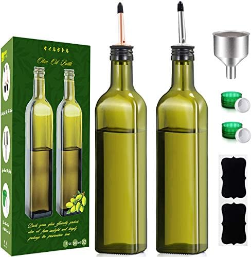 Olive Oil Dispenser Bottle-4 Pack of 17 oz Glass Olive Oil Bottles with Easy Pour Spout Set - Oil and Vinegar Cruet Set with Food Grade Funnel Drip Free Olive Oil Carafe Decanter for Kitchen