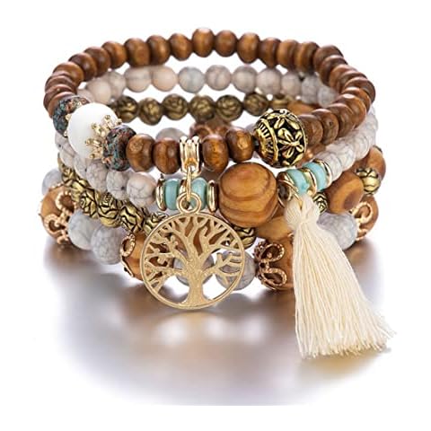 GAUEIOUR Boho Beaded Bracelet,Multi-Layer Wooden Beaded Bracelet,Elastic Bracelet,Tassel Bracelet Tourist Souvenir Tree Of Life Bracelet Women,Bracelet Set Can Be Stacked Or Worn Alone (Pack Of 4) Cover