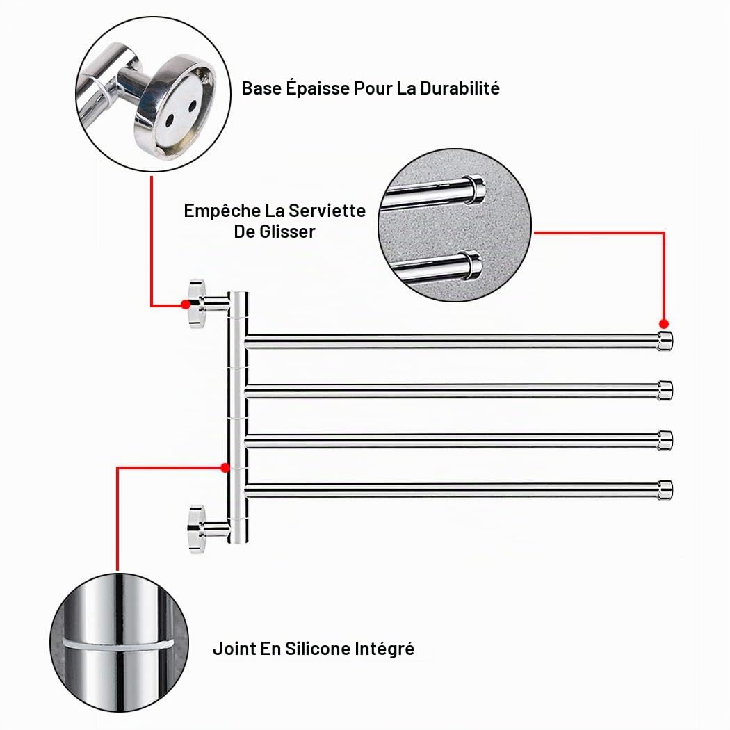 Porte Serviettes Mural 180° Serviette Support Porte-Serviettes Acier Inoxydable Barre à Serviettes Chrome (4-armer)