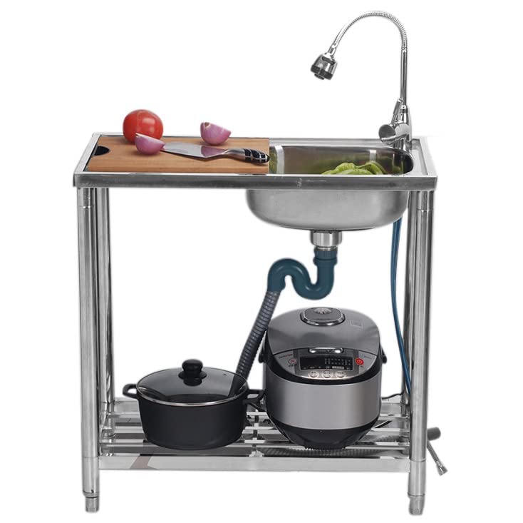 Petit évier de cuisine en inox sur pied avec cuve profonde et robinets eau chaude froide intégrés