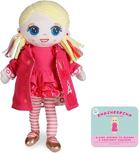 Theodora S.T.E.A.M. Girls - Elaine The Exquisite Engineer - Muñeca de peluche de 15 pulgadas con libro de actividades con calcomanías - Enseña el